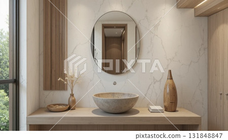 Elegant Bathroom Design Featuring Natural Materials and a Minimalist Aesthetic With a Round Mirror and Wooden Accents Elegant Bathroom Design Featuring Natural Materials and a Minimalist Aesthetic With a Round Mirror and Wooden Accents 131848847
