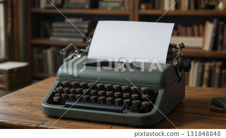Classic Typewriter on a Wooden Table in a Cozy Library Setting With Books in the Background Classic Typewriter on a Wooden Table in a Cozy Library Setting With Books in the Background 131848848