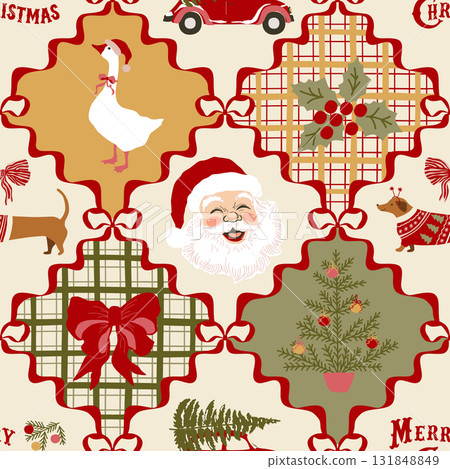 Retro Christmas bows seamless pattern. Vector winter cozy patchwork wallpaper, background, quilt, print Retro Christmas bows seamless pattern. Vector winter cozy patchwork wallpaper, background, quilt, print 131848849