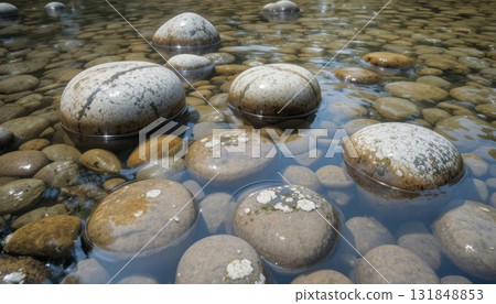 Round Stones Create a Serene Landscape in Shallow Water at a Peaceful Riverbank 131848853