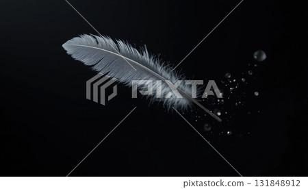 Delicate Feather Drifting in Dark Space With Sparkling Particles Surrounding It 131848912
