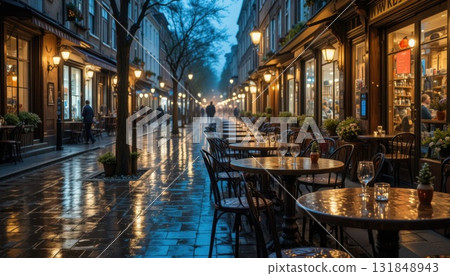 Evening Stroll Along a Rainy Street With Cafes and Shops Glowing in Soft Light 131848943