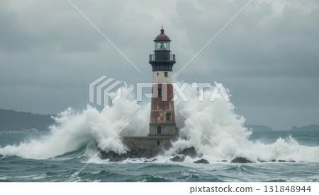 Lighthouse Stands Strong Against Powerful Waves on a Stormy Day Near the Coast 131848944