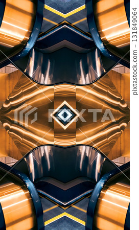 futuristic technology background with digital mirrored and symmetry patterns and cyber glow, innovative tech backdrop with tunnel and warp virtual network design and electronic light, blue and gold 131849064