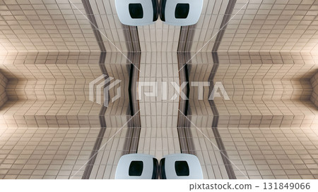 futuristic technology background with digital mirrored and symmetry patterns and cyber glow, innovative tech backdrop with tunnel and warp virtual network design and electronic light 131849066