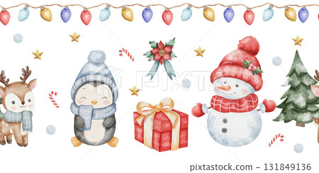 Seamless watercolor winter border with cute characters penguin, snowman in red hat, Christmas tree, golden star, gift, poinsettia, colorful light garland, white background in childlike festive style Seamless watercolor winter border with cute characters penguin, snowman in red hat, Christmas tree, golden star, gift, poinsettia, colorful light garland, white background in childlike festive style 131849136