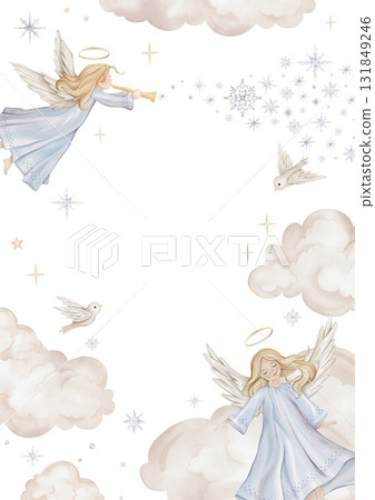 Vertical Banner watercolor illustration with angel with nimbus. Postcard for Christmas or Christian Nativity for religious baptism. Hand drawn illustration clouds and birds, stars, snowflakes Vertical Banner watercolor illustration with angel with nimbus. Postcard for Christmas or Christian Nativity for religious baptism. Hand drawn illustration clouds and birds, stars, snowflakes 131849246