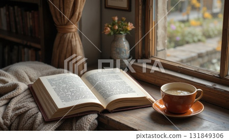 Cozy Reading Nook With a Book and Cup of Tea by the Window During a Quiet Afternoon Cozy Reading Nook With a Book and Cup of Tea by the Window During a Quiet Afternoon 131849306