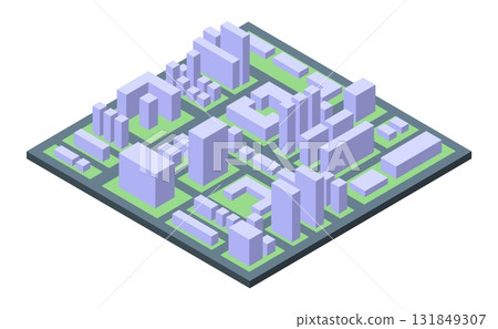 Isometric clean city map. Abstract urban 3d design, small town or district within metropolis. Street, green area and blocks, delivery template, nifty vector scene Isometric clean city map. Abstract urban 3d design, small town or district within metropolis. Street, green area and blocks, delivery template, nifty vector scene 131849307