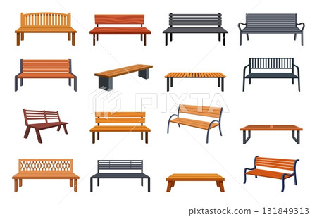 Cartoon benches. Wooden metal bench for garden, city park, camping, backyard. Outdoor sitting place for resting. Public architecture sapid vector elements 131849313