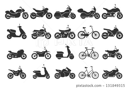Black motorcycle bicycle icons. City vehicle silhouettes, motorbikes stickers for interior design. Isolated delivery, motocross, travel transport, sapid vector set 131849315