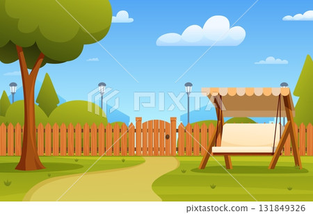 Backyard. Garden with wooden fence and gate, bench swing, lantern and plants. Outdoor rest area for relax, seasonal barbeque party, sapid vector scene 131849326