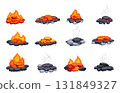 Burning glowing coals. Extinguished coal, red hot burn charcoals piles. Fire elements for fireplace, oven, campfire or barbeque. Fires and smokes, sapid vector clipart 131849327