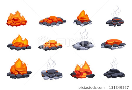 Burning glowing coals. Extinguished coal, red hot burn charcoals piles. Fire elements for fireplace, oven, campfire or barbeque. Fires and smokes, sapid vector clipart Burning glowing coals. Extinguished coal, red hot burn charcoals piles. Fire elements for fireplace, oven, campfire or barbeque. Fires and smokes, sapid vector clipart 131849327