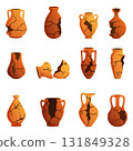 Cartoon broken clay pots. Antique jugs, various shards and archaeological finds. Crockery roman greek style, pottery artifacts, sapid vector set 131849328