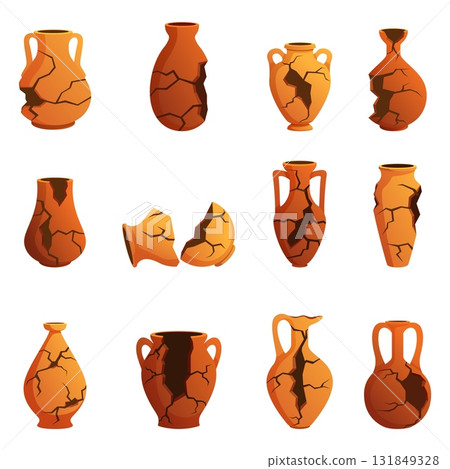 Cartoon broken clay pots. Antique jugs, various shards and archaeological finds. Crockery roman greek style, pottery artifacts, sapid vector set Cartoon broken clay pots. Antique jugs, various shards and archaeological finds. Crockery roman greek style, pottery artifacts, sapid vector set 131849328