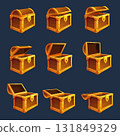Wooden chest. Animation of opened and closed pirate chest for coins, jewelry, treasure. Interior element of medieval castle or palace for riches, sapid vector set 131849329