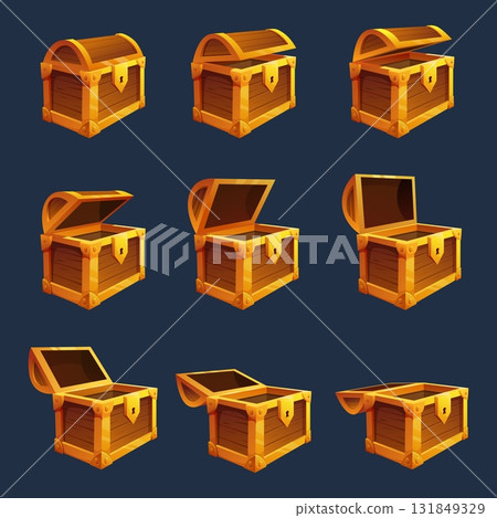 Wooden chest. Animation of opened and closed pirate chest for coins, jewelry, treasure. Interior element of medieval castle or palace for riches, sapid vector set 131849329