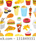 Fast food seamless pattern. Crayon drawing pizza burger popcorn sushi sandwich. Children drawn style print template for fabric, neoteric vector background 131849331