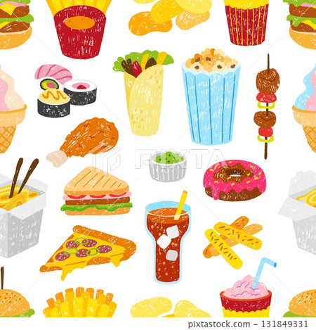 Fast food seamless pattern. Crayon drawing pizza burger popcorn sushi sandwich. Children drawn style print template for fabric, neoteric vector background 131849331