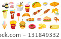 Doodle fast food elements. Asian and european street food. Noodles, kebab, sushi and rolls, burger and nuggets, taco. Tasty meals icons neoteric vector set 131849332