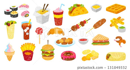 Doodle fast food elements. Asian and european street food. Noodles, kebab, sushi and rolls, burger and nuggets, taco. Tasty meals icons neoteric vector set Doodle fast food elements. Asian and european street food. Noodles, kebab, sushi and rolls, burger and nuggets, taco. Tasty meals icons neoteric vector set 131849332