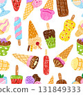 Ice cream seamless pattern. Crayon drawing sketch sweet creamy desserts. Balls in waffle cones, popsicles. Fabric print template, neoteric vector background 131849333