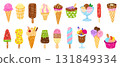 Crayon drawing ice cream. Popsicles, creamy balls in waffle cones and bowls. Sweet dairy dessert chalk or pencil drawn, children style, neoteric vector clipart 131849334