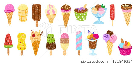 Crayon drawing ice cream. Popsicles, creamy balls in waffle cones and bowls. Sweet dairy dessert chalk or pencil drawn, children style, neoteric vector clipart 131849334