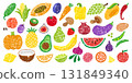 Children drawing vegetables and fruits. Crayon drawn mushroom pepper corn tomato. Sketch apple avocado pear. Farm fresh food neoteric vector clipart 131849340