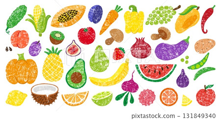 Children drawing vegetables and fruits. Crayon drawn mushroom pepper corn tomato. Sketch apple avocado pear. Farm fresh food neoteric vector clipart 131849340