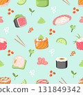 Sushi seamless pattern. Fish rice nori and vegetables, asian japanese chinese food. Fabric wallpaper wrapping print template, nowaday vector background 131849342