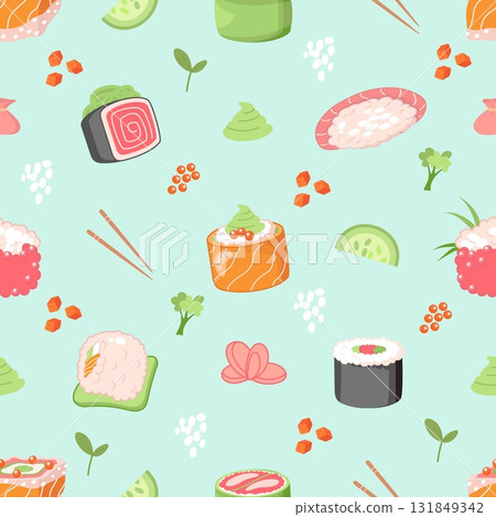 Sushi seamless pattern. Fish rice nori and vegetables, asian japanese chinese food. Fabric wallpaper wrapping print template, nowaday vector background Sushi seamless pattern. Fish rice nori and vegetables, asian japanese chinese food. Fabric wallpaper wrapping print template, nowaday vector background 131849342
