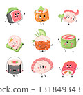 Sushi characters. Japanese food funny rolls and sushi, sashimi with happy faces. Meals with fish rice and vegetables, asian cuisine nowaday vector set 131849343