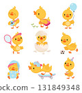Cartoon yellow ducklings. Funny duckling characters various poses. Newborn duck in edd shell, sleep and sport training. Cute farm birds, nowaday vector set 131849348