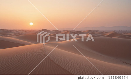 Golden Sunset Casts Warm Glow Over Vast Desert Landscape With Undulating Sand Dunes 131849354