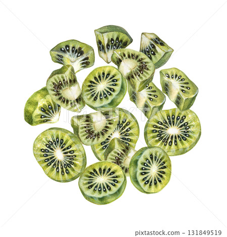 Green, juicy kiwi slices in a round composition on a white background. Watercolor botanical template for posters, labels, cards, scrapbooking, and packaging for jams, drinks, and food products Green, juicy kiwi slices in a round composition on a white background. Watercolor botanical template for posters, labels, cards, scrapbooking, and packaging for jams, drinks, and food products 131849519