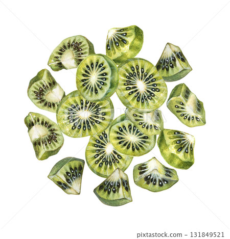 Green, juicy kiwi slices in a round composition on a white background. Watercolor botanical template for posters, labels, cards, scrapbooking, and packaging for jams, drinks, and food products Green, juicy kiwi slices in a round composition on a white background. Watercolor botanical template for posters, labels, cards, scrapbooking, and packaging for jams, drinks, and food products 131849521