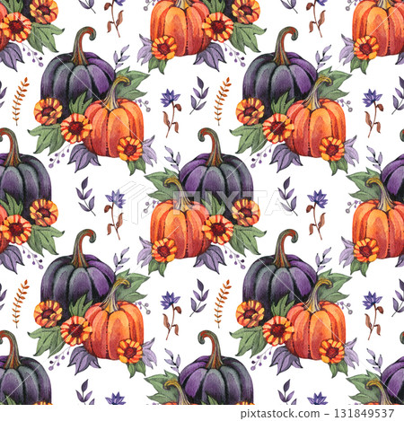 Autumn pumpkins seamless pattern. Sunflowers, flowers, leaves. Perfect for fall, Thanksgiving, holidays, fabric, textile. Seamless repeat swatch. 131849537