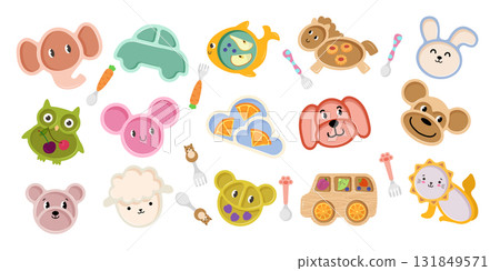 Tableware. Colorful collection of kids utensil forks spoons dishes recent vector illustration Tableware. Colorful collection of kids utensil forks spoons dishes recent vector illustration 131849571
