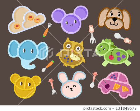 Kids utensil. Funny tableware collection spoons and forks recent vector children illustration Kids utensil. Funny tableware collection spoons and forks recent vector children illustration 131849572