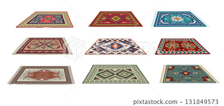 Carpets. Ornamental flat carpets for cozy interior decoration recent vector woven carpets 131849573