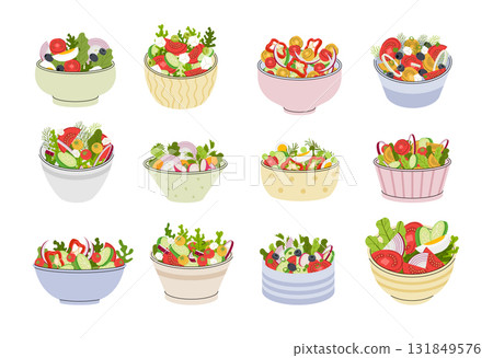 Salads. Fresh pieces of vegetables green herbs tomatoes recent vector cooking salads in bowls 131849576
