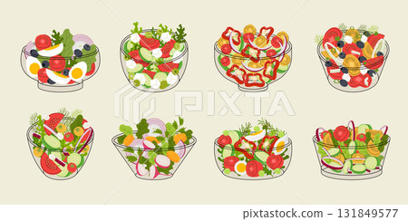 Salads in bowls. Fresh sliced products fresh vegetables for preparing salads recent vector flat illustrations set 131849577