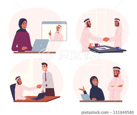 Arabian business. Muslim characters make a business connection meeting people professional conversation exact vector arabic person 131849580