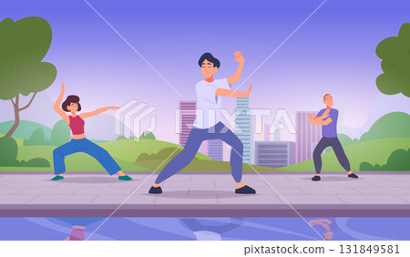 Tai chi background. Chinese fighters outdoor training exact vector martial arts characters 131849581