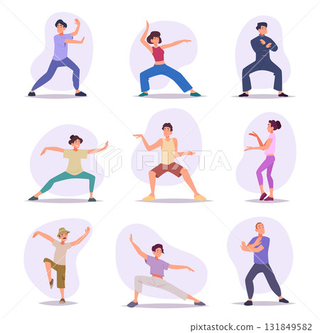 Tai chi. Chinese martial arts characters making different action scenes exact vector collection people Tai chi. Chinese martial arts characters making different action scenes exact vector collection people 131849582