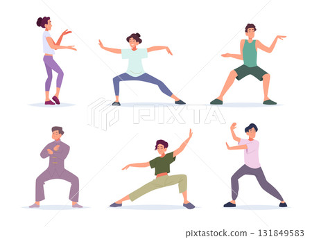 Tai chi. Chinese fighters traditional martial arts characters exact vector people in action poses Tai chi. Chinese fighters traditional martial arts characters exact vector people in action poses 131849583