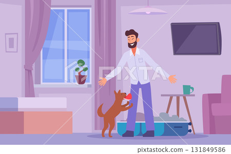 Travel with pets. Animal owner going to trip adventure with animal cat or dog exact vector background Travel with pets. Animal owner going to trip adventure with animal cat or dog exact vector background 131849586
