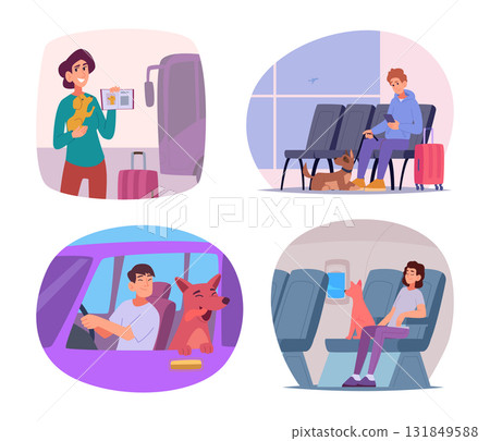 Travel with dog. Pets owners travelling with pets. Animals in cage boxes for journey adventures exact vector template 131849588